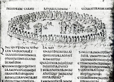 Ilustração de uma cena de um dos Salmos, do Utrecht Psalter, cópia do original de Reims agora na Biblioteca da Universidade de Utrecht (caneta e tinta) de Carolingian School