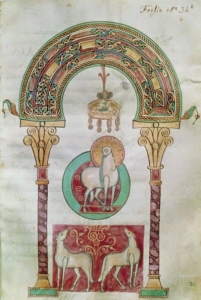 Sra. CCII fol.35r Agnus Dei, ilustração do Cordeiro de Deus de Etymologiae por Isidore de Sevilha de Carolingian School