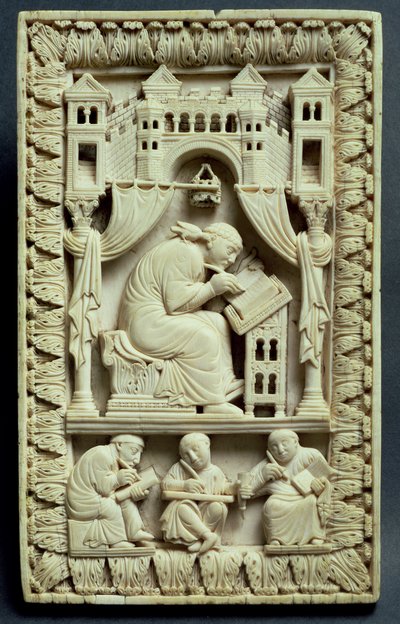 São Gregório escrevendo com escribas abaixo, Escola Franco-Alemã, c.850-875 de Carolingian School