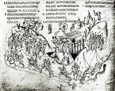 Várias cenas ilustrando um salmo, do Utrecht Psalter, cópia do original de Reims agora na Biblioteca da Universidade de Utrecht (caneta e tinta) de Carolingian School