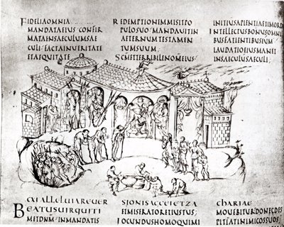 Várias cenas ilustrando um salmo, do Utrecht Psalter, cópia do original de Reims agora na Biblioteca da Universidade de Utrecht (caneta e tinta) de Carolingian School