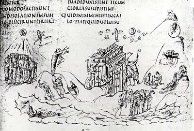 Várias cenas que ilustram um dos Salmos, do Utrecht Psalter, cópia do original de Reims agora na Biblioteca da Universidade de Utrecht (caneta e tinta) de Carolingian School