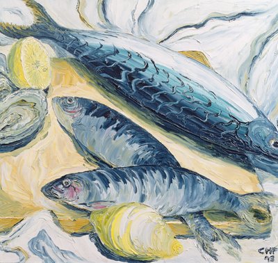 Cavala com ostras e limões, 1993 (óleo sobre papel) de Carolyn Hubbard Ford