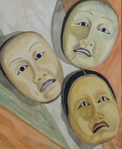 Máscaras orientais (caneta e tinta e wc no papel) de Carolyn Hubbard Ford
