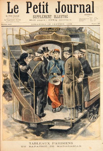 Um soldado repatriado de Madagascar, gravado por Fortune-Louis Meaulle (1844-1901) ilustração do Le Petit Journal, 12 de janeiro de 1896 (gravura colorida) de Carrey