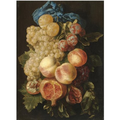 Uma natureza morta com ameixas, uvas, pêssegos e uma romã atada com uma fita azul de Carstian Luyckx