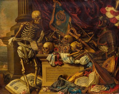 Vanitas Still Life com instrumentos musicais, livros, partituras, esqueleto, caveira e armadura, século XVII de Carstian Luyckx