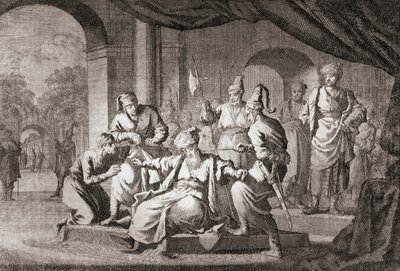 Nobre estrangulado com um cordão de seda. Império Otomano (impressão) de Caspar (after) Luyken