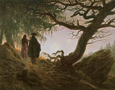 Um homem e uma mulher contemplando a lua por Caspar David Friedrich (1774-1840) de Caspar David Friedrich