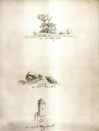 Árvore, carrinho de mão e torre de Caspar David Friedrich
