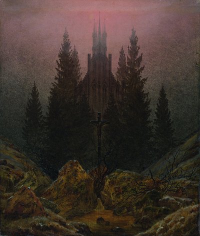 Cruz e catedral nas montanhas de Caspar David Friedrich