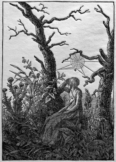 A mulher com a teia de aranha entre árvores nuas de Caspar David Friedrich