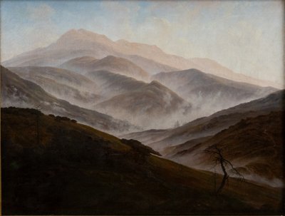 Alemão: Riesengebirgslandschaft mit aufsteigendem Nebel Paisagem de montanhas gigantes com nevoeiro crescente de Caspar David Friedrich