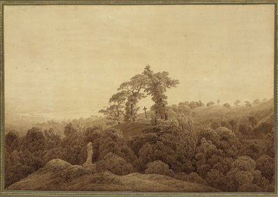 Paisagem costeira com uma cruz e uma estátua de Caspar David Friedrich