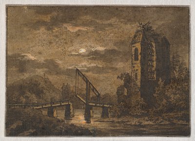 Paisagem com ponte levadiça e ruína ao luar de Caspar David Friedrich