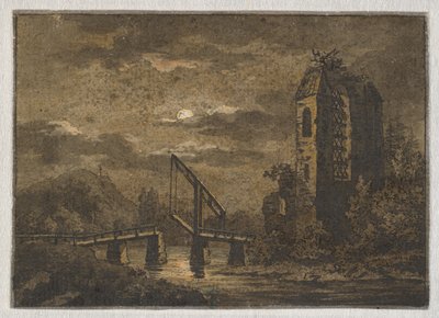 Paisagem com ponte levadiça e ruína ao luar de Caspar David Friedrich