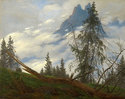 Pico de montanha com nuvens a passar de Caspar David Friedrich