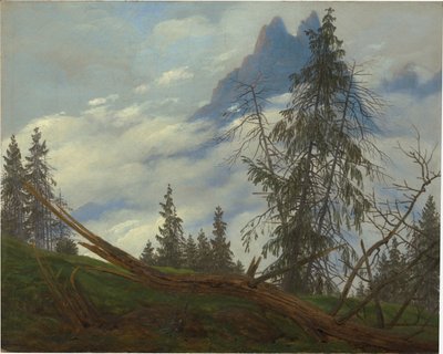 Pico de montanha com nuvens a passar de Caspar David Friedrich