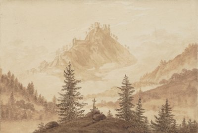 Paisagem da montanha com névoa no vale, ca 1805. de Caspar David Friedrich