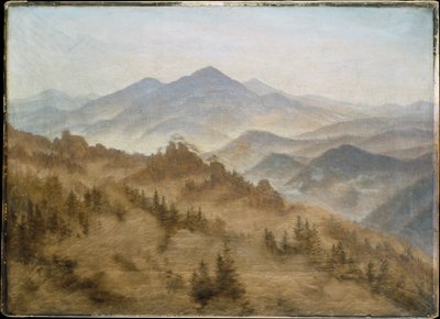 Montanhas no nevoeiro ascendente de Caspar David Friedrich