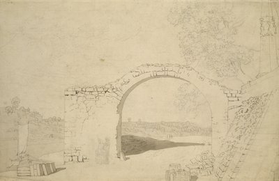 Paisagem do rio com um arco (inacabado) (lápis, caneta e wc no papel) de Caspar David Friedrich