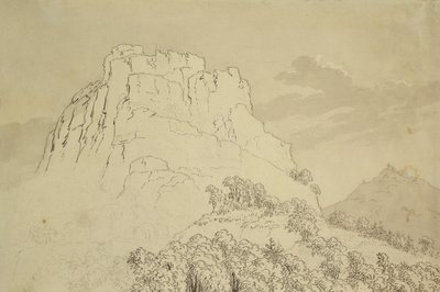Colina rochosa com uma colina arborizada na frente (lápis, caneta e wc lavar no papel) de Caspar David Friedrich