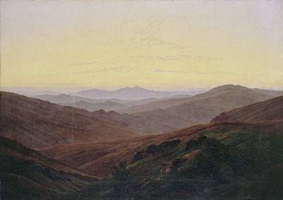Montanhas gigantes - Antes do nascer do sol nas montanhas de Caspar David Friedrich