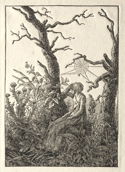 A mulher com a teia de aranha entre árvores nuas de Caspar David Friedrich