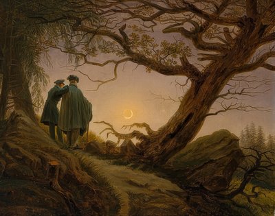Dois homens contemplando a lua. Por volta de 1825 a 30 de Caspar David Friedrich