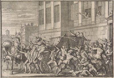 Ataque em Madrid na carruagem do Conde de Olivares, Gaspard de Gusmán, 1643 de Caspar Luyken (attributed to)
