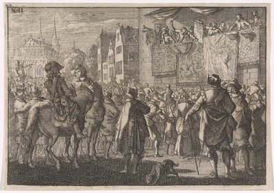 Proclamação da Paz de Osnabrück numa cidade, 1648 de Caspar Luyken (attributed to)