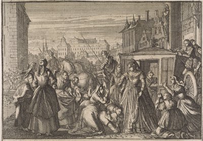 As mulheres ajoelham-se em Paris perante a Rainha Anna e imploram-lhe para baixar os impostos, 1645 de Caspar Luyken (attributed to)