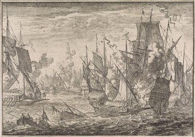 Batalha naval entre navios de guerra turcos e galeras dos Cavaleiros de Malta, 1644 de Caspar Luyken (attributed to)