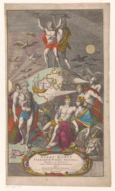 Atlas en Hercules dragen sternerhemel Título da página: Johann Baptista Homan, A New Atlas of the World Empires, Kingdoms and States mostrando tabelas geográficas exatas, 1710 de Caspar Luyken