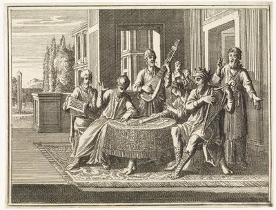 David está sentado à mesa e toca harpa de Caspar Luyken