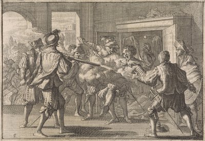 Miguel de Vasconcelos é descoberto num armário e assassinado por portugueses enfurecidos, 1640 de Caspar Luyken