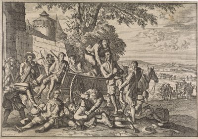 Soldados espanhóis são carregados em carroças e levados, 1641 de Caspar Luyken