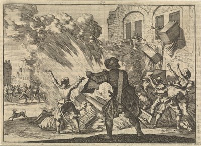 Pedágio em Lyon é saqueado em resposta ao aumento dos impostos especiais de consumo, 1625 de Caspar Luyken