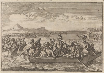 Waldenses expulsos de Savoy regressam ao seu país em barcaças através do Lago de Genebra, 1689 de Caspar Luyken