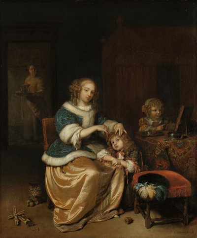 Interior, com, um, mãe, pentear, dela, criança, cabelo, sabido, como, &39;Maternal, Care&39;, 1669 de Caspar Netscher