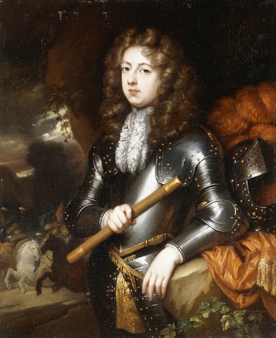 Retrato de um comandante, de três quartos, na armadura, segurando um bastão, seu capacete emplumado em uma rocha próxima, uma carga de cavalaria além, de Caspar Netscher