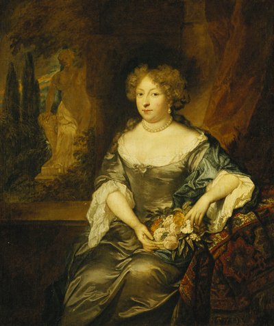 Retrato de uma senhora, sentada de três quartos, usando um vestido cinza de cetim, segurando uma cesta de flores diante de uma janela, uma estátua em um parque além, de Caspar Netscher