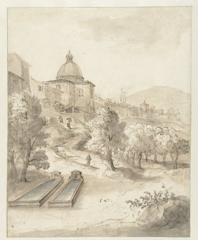 Paisagem italiana com uma cidade em uma colina de Caspar van Wittel
