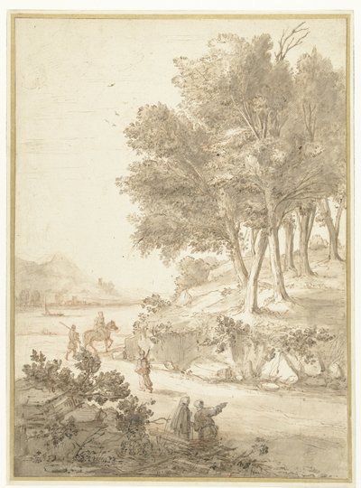 Paisagem italiana com figuras ao longo de uma estrada e um rio ao fundo de Caspar van Wittel