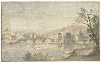 Italianate River Landscape com uma ponte de Caspar van Wittel