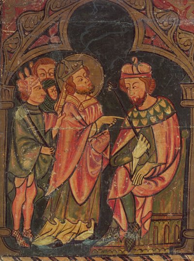 Santo Cipriano (c.200-258) Bispo de Cartago apresentado ao Imperador Valeriano (r.253-60) 1300-25 de Catalan School