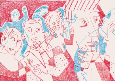 Figuras expressivas em vermelho e azul de Catalina Somolinos