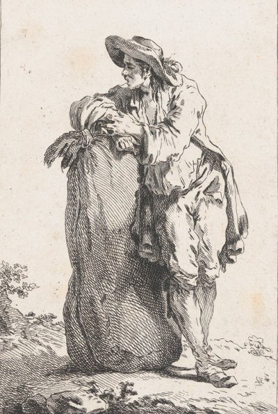 Camponês apoiado em um saco de grãos, 1758. de Catherine Francoise Beauvarlet