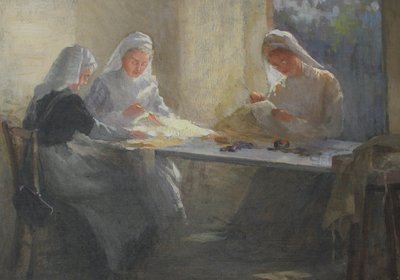 Kensington War Hospital Depot (Kensington Square), três enfermeiras sentado em uma mesa de costura, c.1916 (óleo sobre tela) de Catherine Ouless