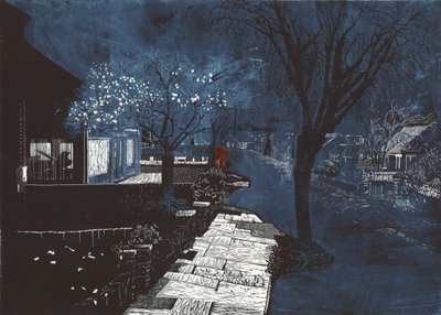 Som da música nos subúrbios, 2012 (linóleo e gravura) de Catherine Sutcliffe Fuller